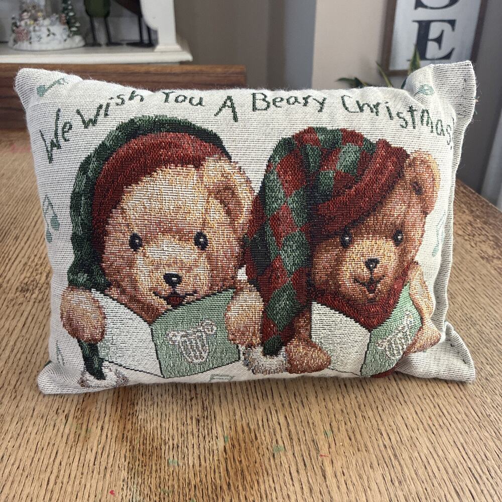 We Wish You A Berry Christmas Holiday Pillow Bears Singing Carols Merry Tapestry